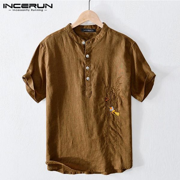 

man vintage solid embroidery blouse casual cotton mens ethnic style printed shirts stand collar short sleeve camisa s-5xl 7 men's, White;black