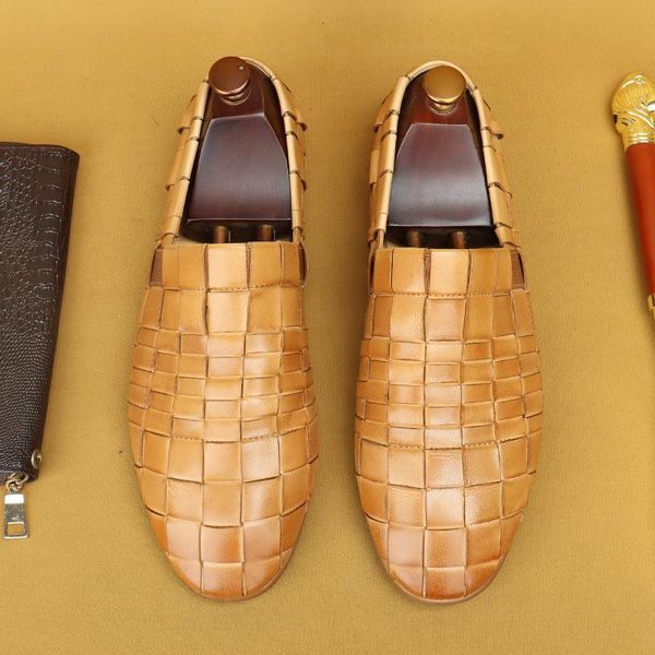

dress shoes great2021 men's doudou fashion business handmade leather woven cowhide casual breathable driving, Black