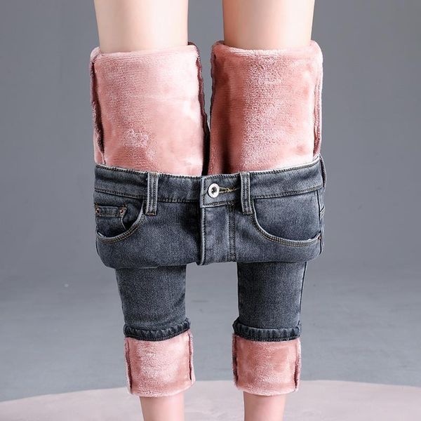 

women's jeans winter casual solid warm plus velvet slim women stretch slim-fit pencil denim pants female thick fleece trousers k89, Blue