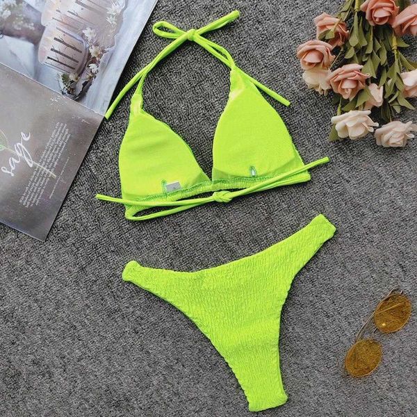 

2021 ladies shirred smoed triangle ties halter push up bikini summer beach holiday swimsuit brazilian swimwearby air