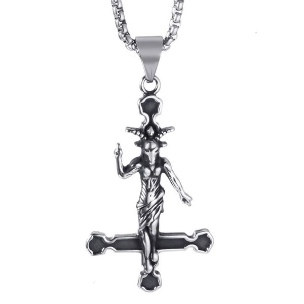 

pendant necklaces elfasio men stainless steel necklace baphomet goat inverted cross jewelry satanic satan demon devil lucifer, Silver