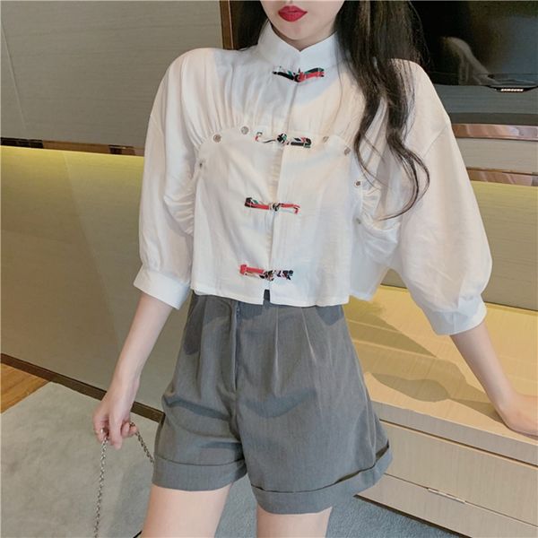 

chinese style clothing women fashion puff sleeve crop tang suit white mandarin collar sweet shirt cheongsam 11369, Red