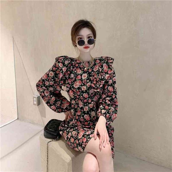 

japanese sweet platycodon floral lotus leaf retro dress female spring 210520, Black;gray