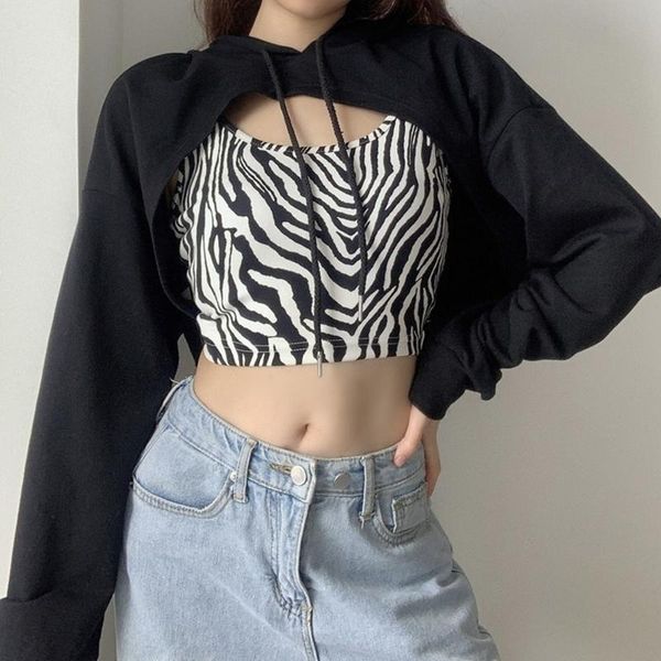 

women's hoodies & sweatshirts women 2pcs drawstring cropped long sleeve sweatshirt with zebra stripes camis tank vest female autumn str, Black