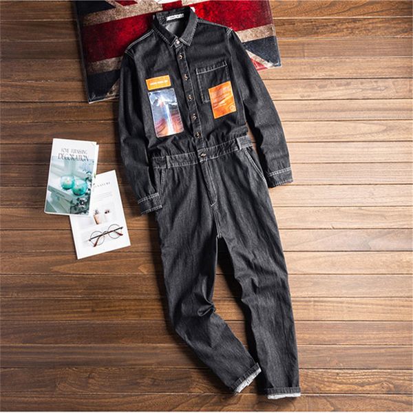 

men's long-sleeved denim black blue hip-hop clothing casual jeans overalls