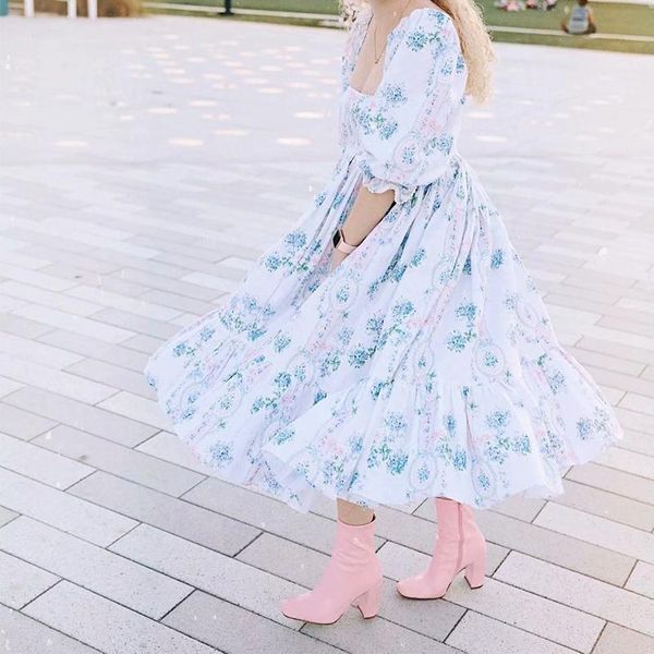 

casual dresses yenkye elegant women sweet floral print princess party square neck puff sleeve big swing ladies chic vestido, Black;gray