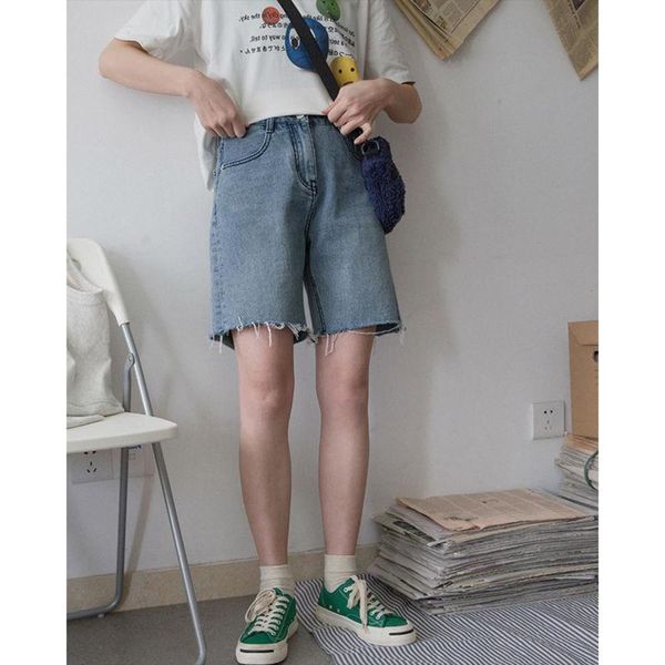 

homemade summer woolen denim shorts high waist loose midpants, Blue
