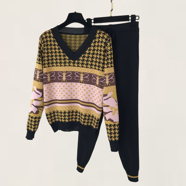 

women knitted suits plaid long sleeve v-neck sweater + elastic waist pocket pants sets tracksuit women's two piece, White