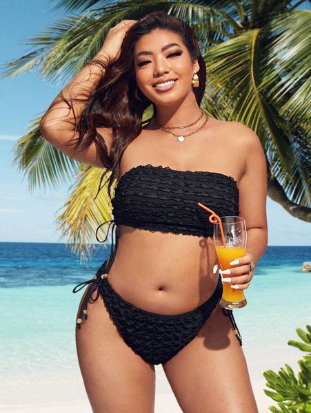 

plus lettuce trim drawstring side bandeau bikini swimsuit 73gu#, Black