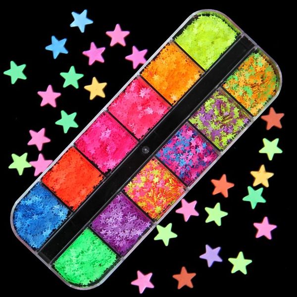 

nail glitter 12 grids fluorescence star gliter sequins neon nails art flakes accessories 3d colorful slice decorations, Silver;gold