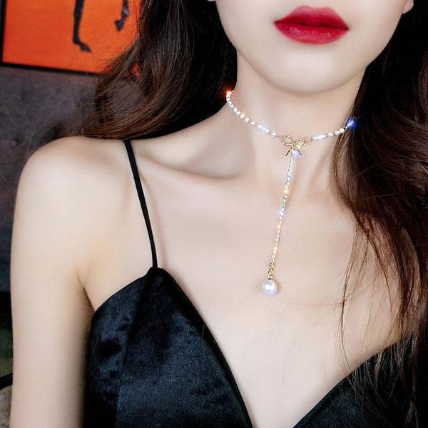 

women's crystal bow necklace pearl clavicle chain fashion inlaid choker collar neck strap short jewelry chains, Silver
