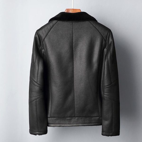 

men's leather & faux real fur sheep shearing winter coat men sheepskin genuine wool jacket jaqueta masculino couro r1816 yy778, Black
