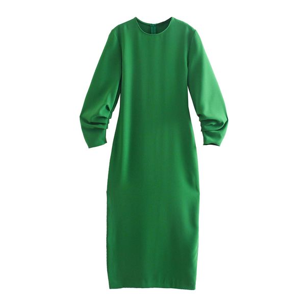 

fashion green midi dress women summer o neck three quarter sleeve female dresses vestido feminino 210430, Black;gray