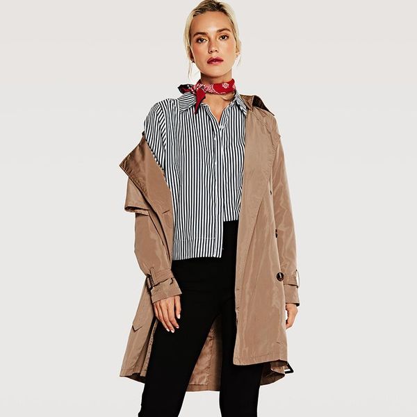 

women's trench coats 2021 classic double breasted coat spring and autumn medium long fashion windbreaker thin outwear plus size solid, Tan;black