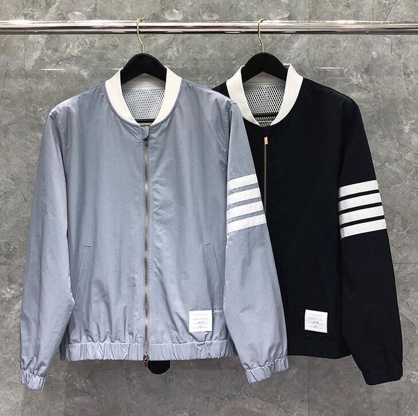 

downs fashion tb thom brand jacket men slim fit o-neck cardigans clothing sports baseball uniform spring and autumn casual coat, Black