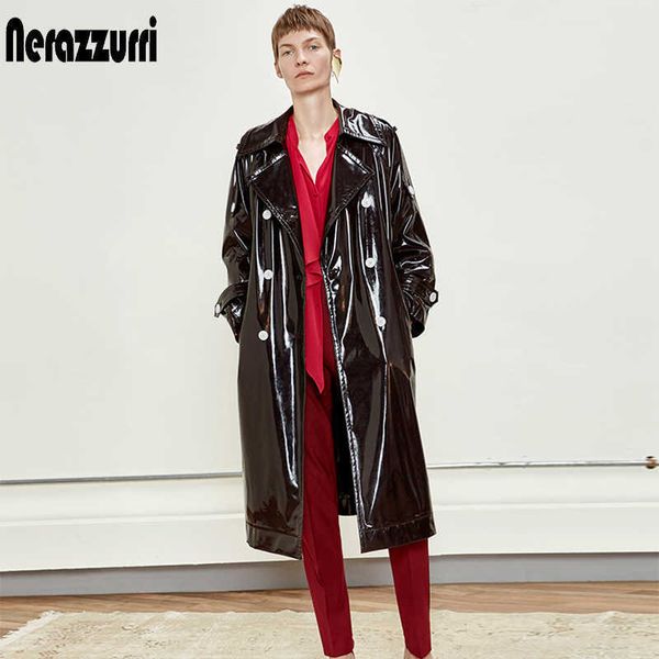 Nerazzurri Gabardina longa impermeável de couro envernizado preto para mulheres casaco de couro superdimensionado iridescente 7xl 210909
