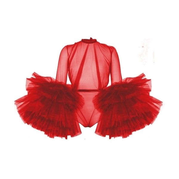 Tuta da donna sexy See Thru rossa con maniche gonfie con volant e pagliaccetti in tulle a strati da donna 210323