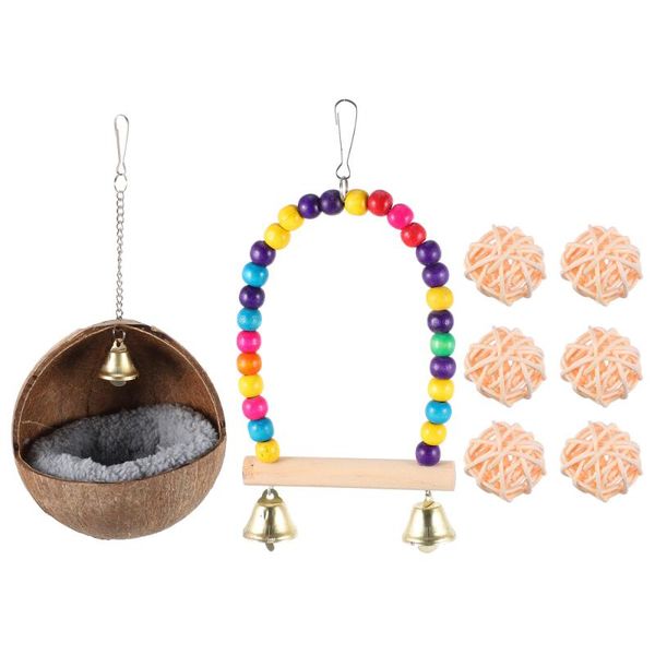 

bird cages 8pcs parrots coconut nest hanging swing chew bite cage accessories