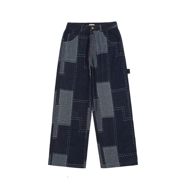 

men's jeans kiovno men vintage hip hop patchwork streetwear baggy denim trousers for male plaid patches, Blue