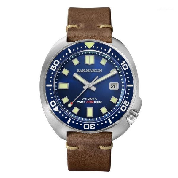 

san martin mens dive watches, men automatic watch mechanical wristwatch diving 200m waterproof luminous nh35 chronograph bezel wristwatches, Slivery;brown