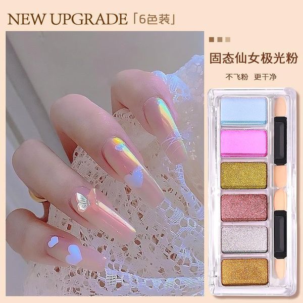 

nail glitter 1 box 6 colors solid magic mirror aurora powders fairy art paintings dust decorations manicure diy plate set with brush, Silver;gold