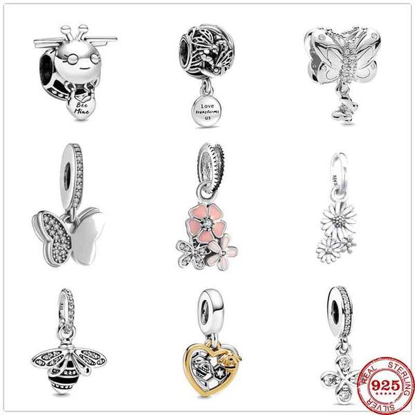 

925 sterling silver butterfly bee flower pendant diy fine beads suitable for original pandora spell bracelet female jewelry