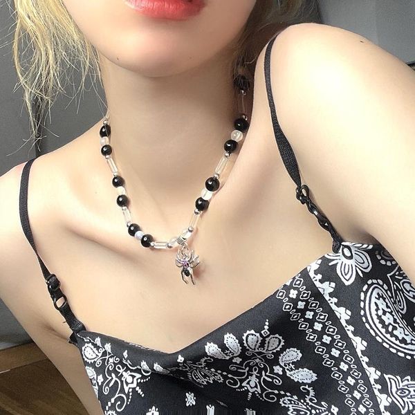 

pendant necklaces black gem dark diamond spider bead necklace short men women hip hop collarbone chain, Silver