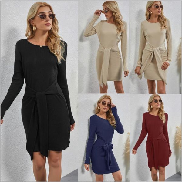 

casual dresses autumn 2021 knitted mini dress solid color long sleeve round collar ol elegant high waist thin black wrap hip sexy, Black;gray