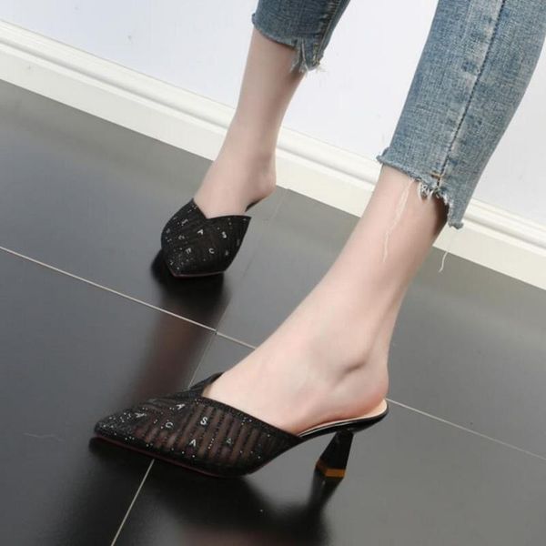 

slippers 2021 small high-heeled sandals and women summer wear all-match fashion baotou pointed toe mesh rhinestone half slip, Black