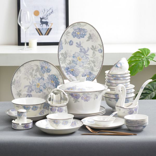 Louça de flores elegante conjuntos de porcelana luz chinesa luxo ósso china jantar conjunto placa pratos pote colher de tigela para 10 pessoas