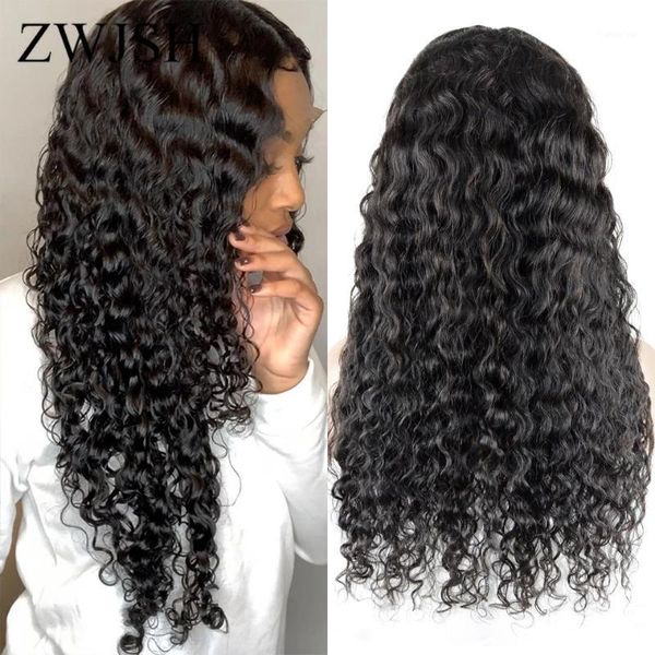

water wave lace front wig pre-plucked hairline peruvian remy hair frontal wigs for women curly human wigs1, Black;brown