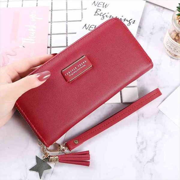

leather solid color long clutch ladies purse card holder tassel women wallets zipper coin phone money pocket bag, Red;black