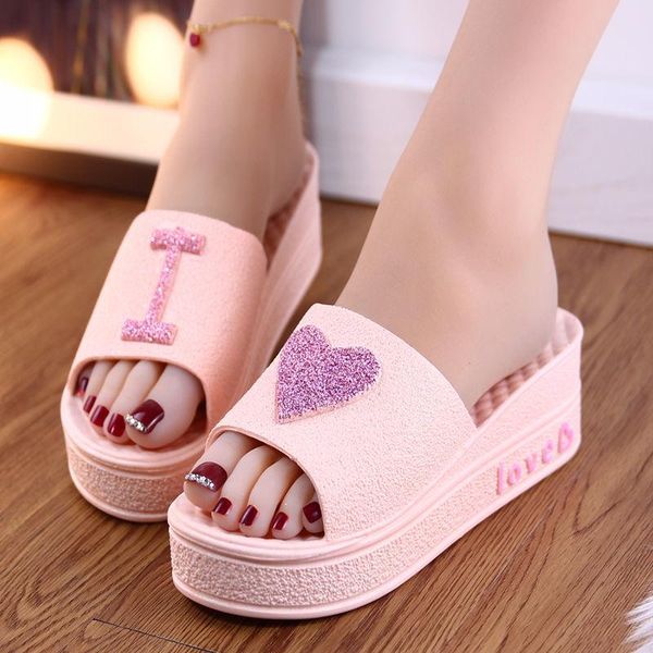 

2021summer fashionable women platform slippers heart-shaped muffin heel ladies slides thick sole high, Black