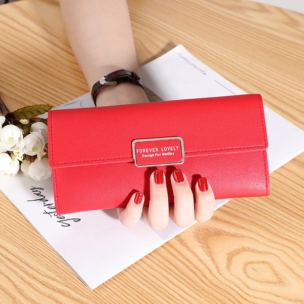 

r style womens handbag wallet version of the three fold long squares buckle hand bag multi-card pu leather wallet card package, Red;black