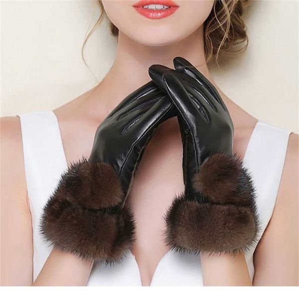 

women' mink fur gloves real sheepskin leather touch screen winter warm female luxury mittens s2433 211124, Blue;gray