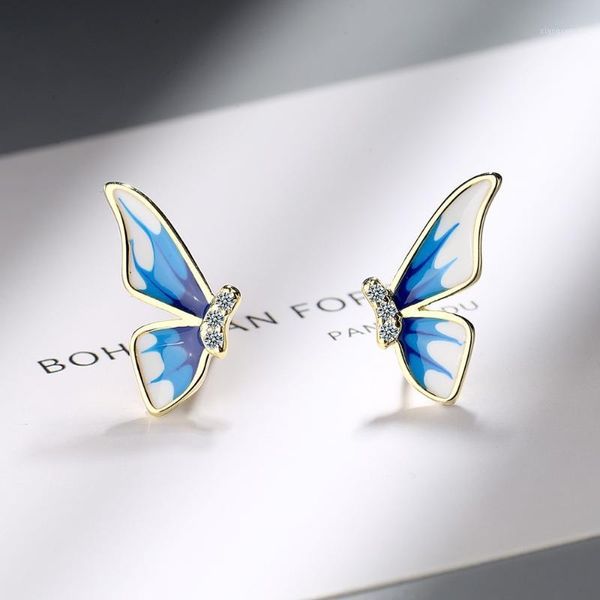 Stud 2022 Trend Boho Estilo Esmalte Blue Butterfly Brincos para Mulheres Elegante Branco Zircão Brinco Jóias Acessórios