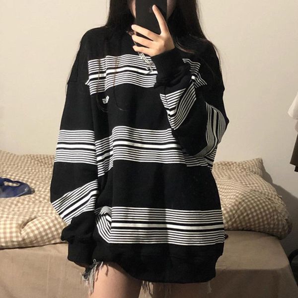

women's hoodies & sweatshirts cgc 2021 autumn stripe printed sweatshirt women pullover o-neck streetwear oversize female vintage long s, Black