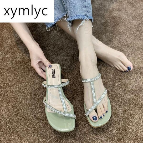 

slippers shoes woman 2021 flock heels square heel low glitter slides multicolored sandals pantofle high block jelly soft, Black