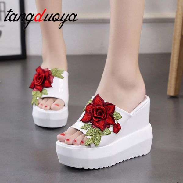 

slippers women sandals summer embroidery flower leisure shoes platform wedges fish mouth gladiator thick bottom, Black