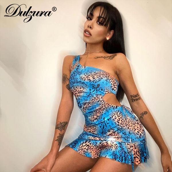 

dulzura leopard tie dye women dress hollow out lace up mini ruffle one shoulder bodycon bandage streetwear club, Black;gray