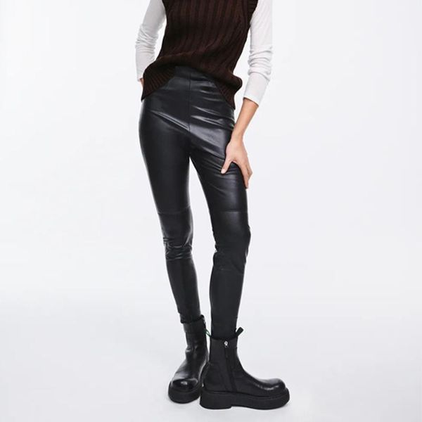 

women's pants & capris kumsvag women autumn casual slim solid pencil 2021 za pu high waist ankle-length female fashion street trousers, Black;white