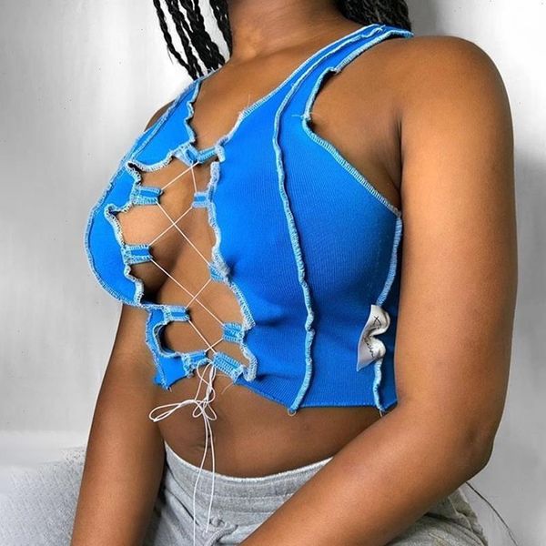 

hollow out camisole women camis ribbed knitting crop summer fashion club party wear tank bandage vest female tee, White