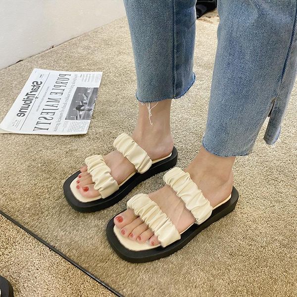 

slippers women pleated slides fashion flat platform leather flats sandals female outdoor casual flip flops roman shoes, Black