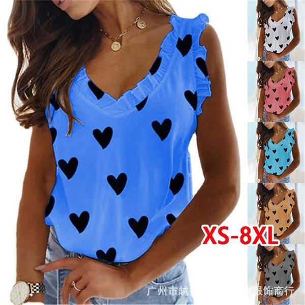 

2021 new waistcoat straight love print v-neck ruffle pleated t-shirt for women, White;black