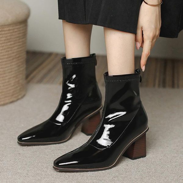 

boots 2021 warm plush winter women zip pointed toe pu leather shoes fashion ankle booties ladies block heel party female, Black