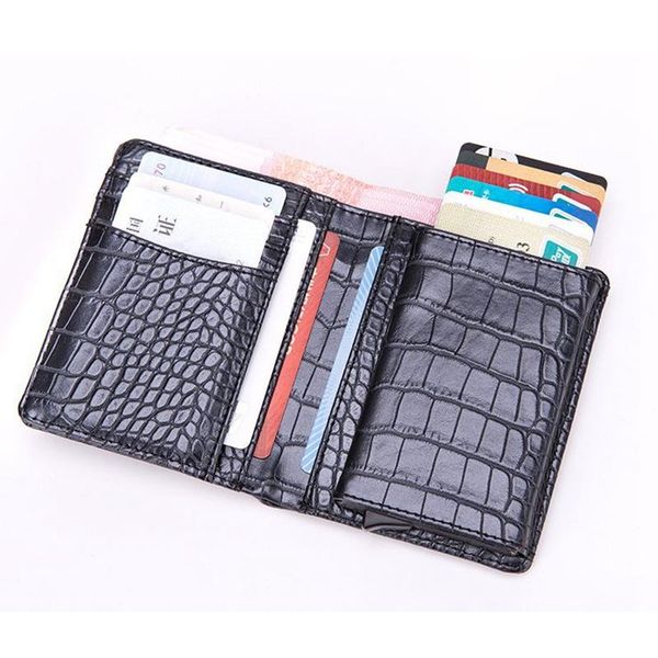 

card holders 2021 women men antitheft metal fashion rfid aluminium holder crazy horse pu leather travel wallet, Brown;gray