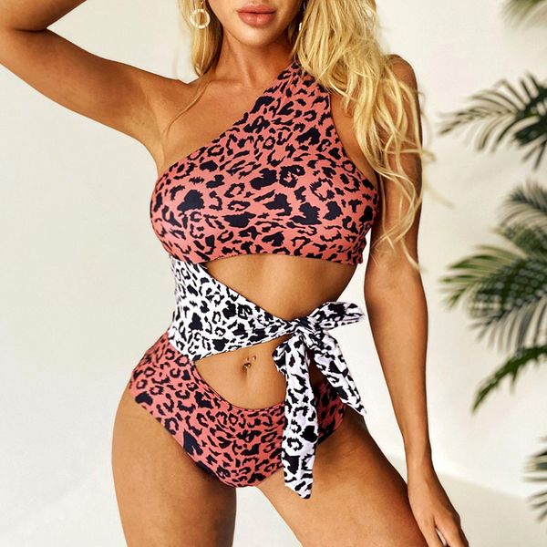 

2021 new wrap around leopard one shoulder women swimwear one piece swimsuit female monokini bathing suit swim wear bodysuitin