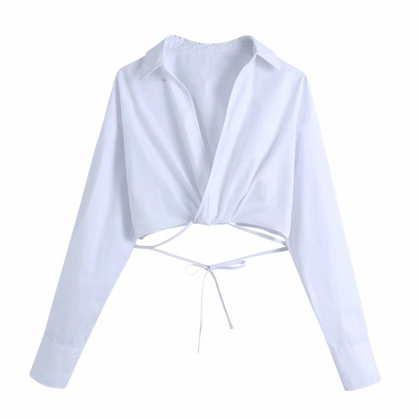 Летние женщины cross v шею плиссируя белая короткая блузка женский с длинным рукавом рубашка повседневная леди урожай вершины blusas s8736 210430