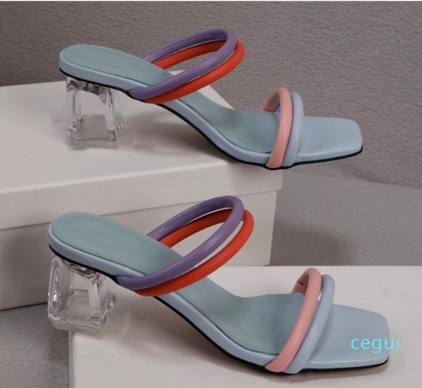 

summer fashion design square-toe slippers arc-shaped laces, transparent thick heels women's sandals hit color popular slippers, Black