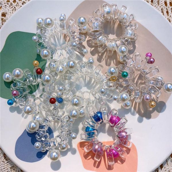 

korean children simple cute colorful imitation pearl transparent telephone line hair rope sweet girl ponytail accessories, Slivery;white